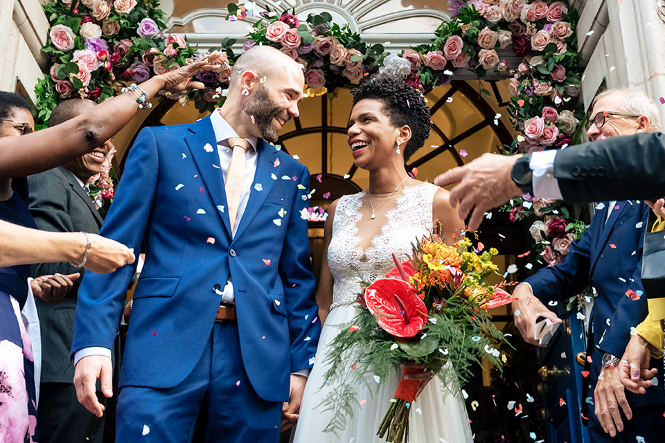 Confetti at Chelsea Town Hall by Bromley Documentary wedding photographer 