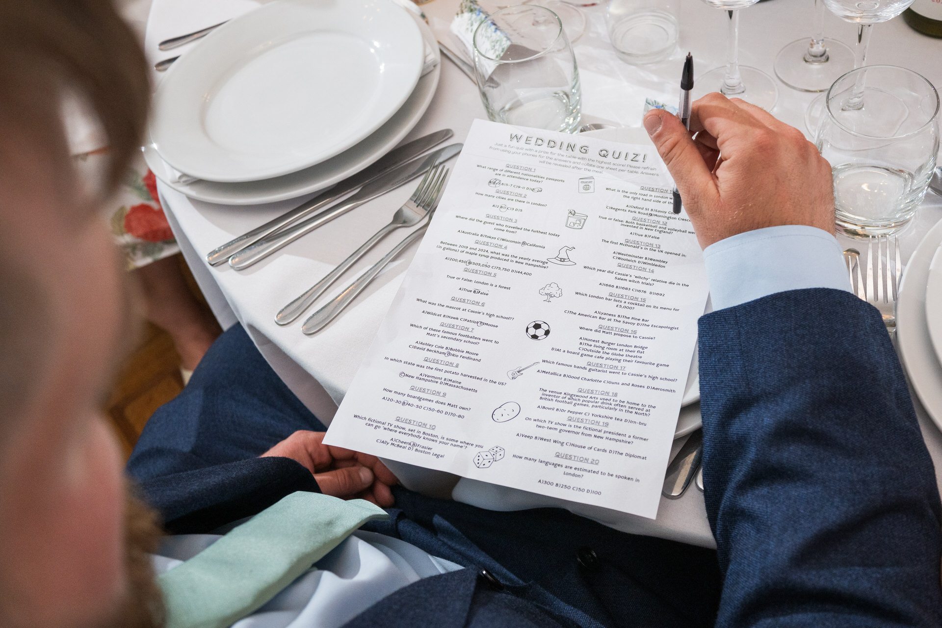 guests filling out the wedding quiz during reception
