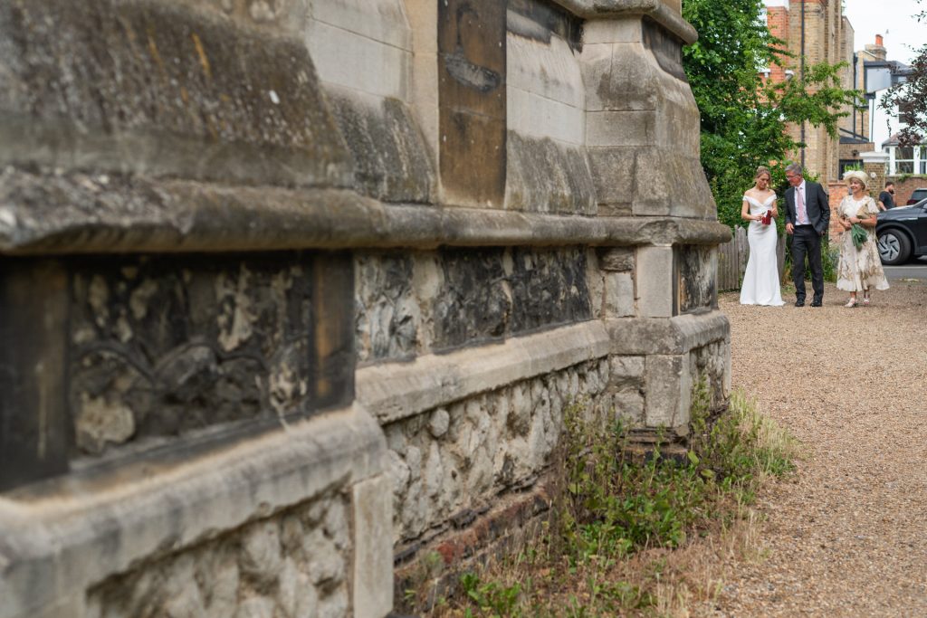 Bride arriving at St John's Church, Dulwich, with her father and mother (