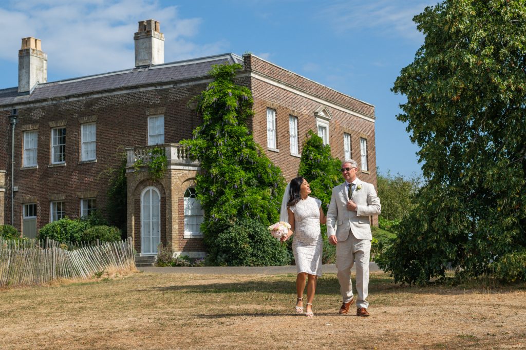 natural couple portrait outside Morden Park House Registry Office 